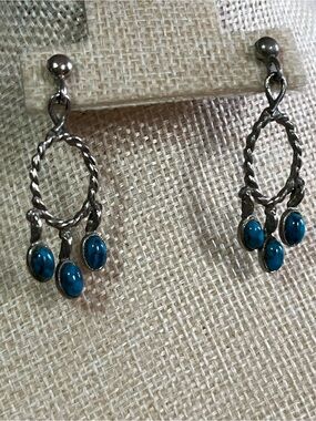 Silver-Tone Teardrop Dangle Earrings with Turquoise Blue Stones